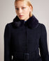 LYDDIIA-Outerwear-Introducing the ultimate cosy coat. LYDDIIA is your stylish shield against the elements. Slip into the regular fit adorned with faux fur cuffs and collar for an extra touch of glam. The button fastening and belted waist create a chic silhouette, while pockets keep your hands toasty. Longline coat Regular fit Faux fur cuffs and collar Button fastening Belted waist Pockets Jara is 5'10.5" / 1.79m and wears Dark Blue in a Ted size 1- Ted Baker Romania